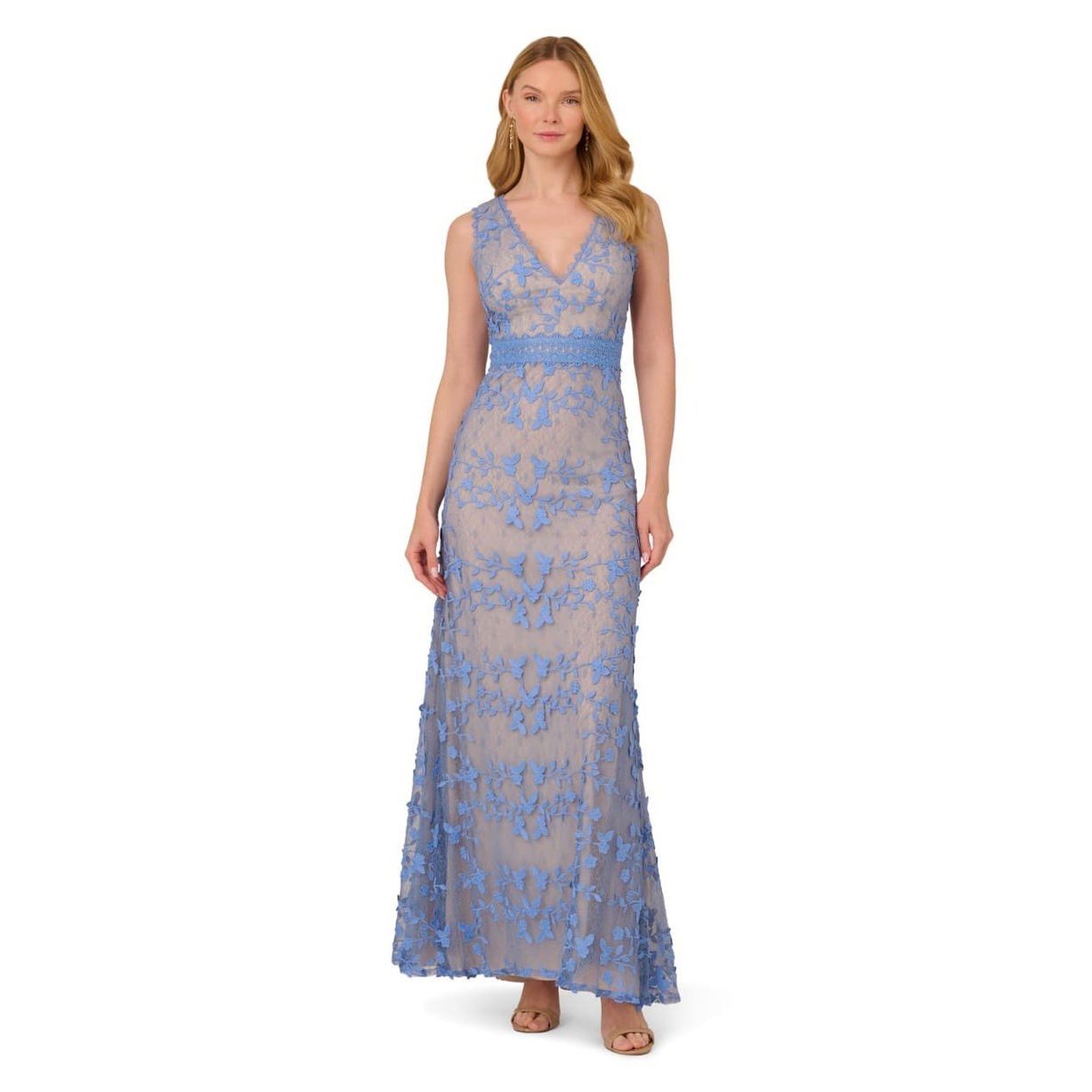 Adrianna Papell - Embroidered Lace V-Neck Gown In Peri Blue Size 2